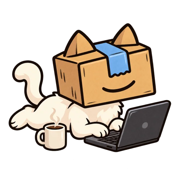 BOXY sprawled behind a laptop with a cup of coffee.