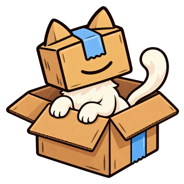 BOXY resting inside an open cardboard box with paws over the flap.