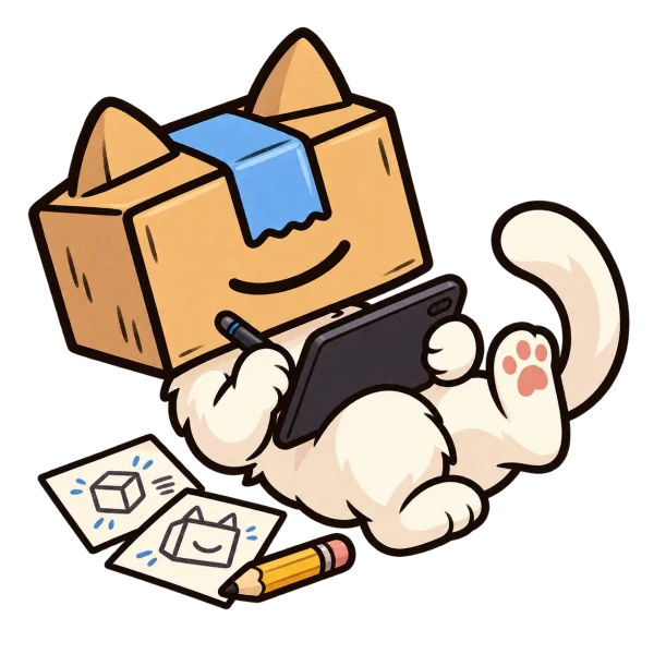 BOXY lying back with a drawing tablet, doodles and a pencil.