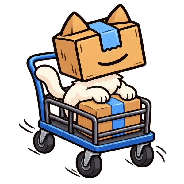 BOXY riding in a warehouse trolley with a blue-taped parcel.